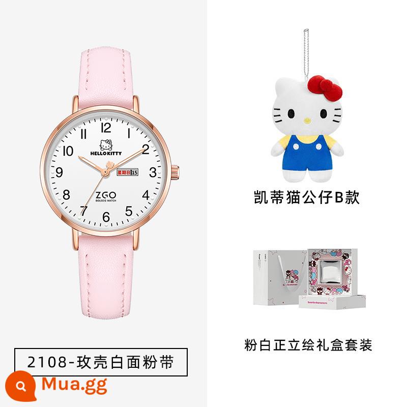 hellokitty Hello chính hãng Sanrio thi đồng hồ học sinh cấp 2, cấp 3 đồng hồ thạch anh trẻ em nữ - [Hộp quà hồng trắng] 2108-Thắt lưng bột trắng vỏ hoa hồng + Búp bê Hello