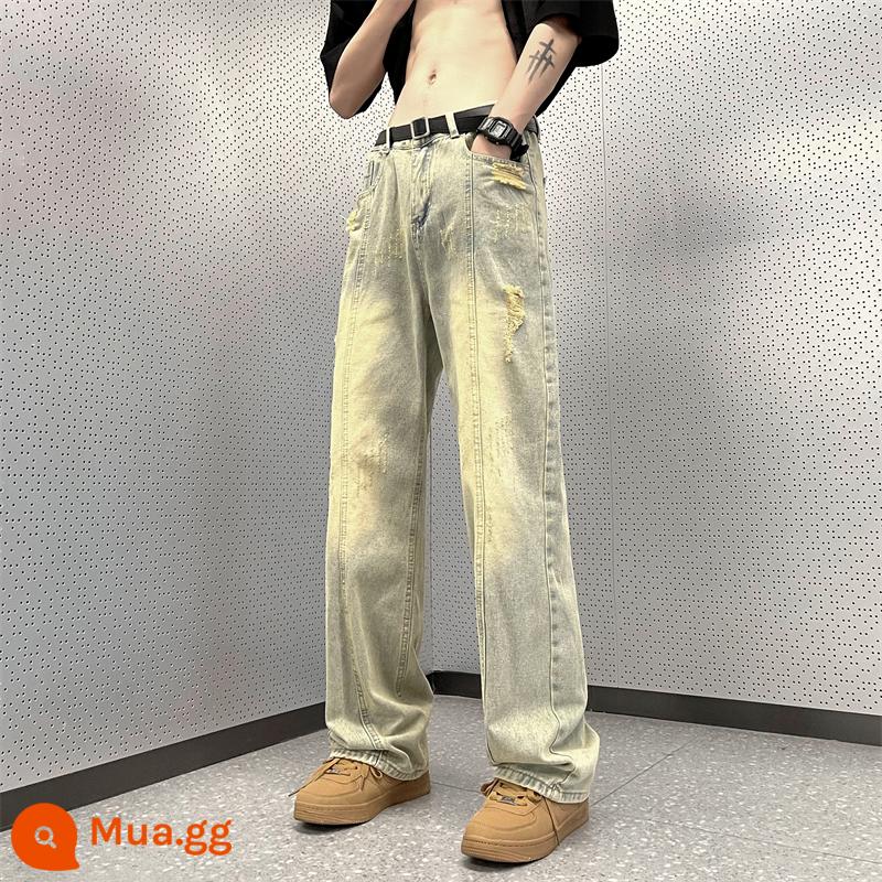 Quần jeans đen rách nam thương hiệu thời trang mùa thu quần ống rộng dáng rộng và đa năng Vibe quần ống rộng rách đường phố cao - đất sét vàng