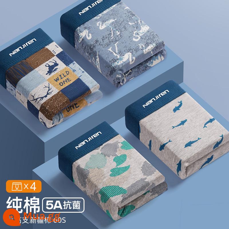 Nanjiren sọc hợp thời trang cotton 5A kháng khuẩn quần lót nam boxer quần size lớn thoáng khí thể thao quần lót boxer - Nhóm in E (4 cái)