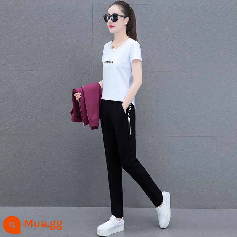 Thương Hiệu Nổi Tiếng Bộ Đồ Thể Thao Nữ Xuân Thu 2023 Áo Cardigan Thời Trang Mới Cotton Dày Dặn Nữ Phong Cách Nước Ngoài Bộ Đồ Ba Mảnh Giản Dị Giảm Tuổi - 6209 nhân đậu đỏ [bộ ba món]