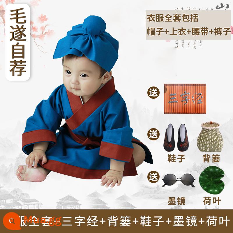 Trẻ Em Hanfu Bé Trai Nhà Sư Nhỏ Quần Áo Bé Ảnh Bé Trang Phục Sách Cậu Bé Chăn Cừu Shop Nhỏ Hai Hiệu Suất Quần Áo - Vật phẩm tự giới thiệu+giày+giỏ tre, Kinh Tam tự miễn phí+lá sen+ly