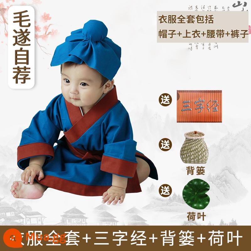 Trẻ Em Hanfu Bé Trai Nhà Sư Nhỏ Quần Áo Bé Ảnh Bé Trang Phục Sách Cậu Bé Chăn Cừu Shop Nhỏ Hai Hiệu Suất Quần Áo - Tiền tự giới thiệu + giỏ tre, Kinh Tam Tự + lá sen miễn phí