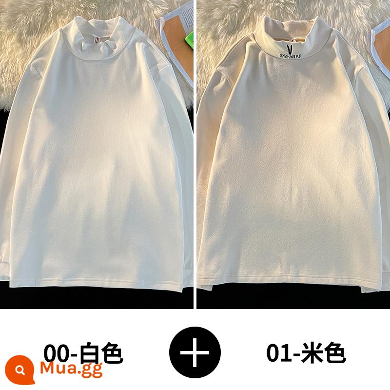 Demo semi -High -Necked dài -sleeved t -shirt nam quần áo mùa thu ấm áp và nhung dày mùa thu và mùa đông, mặc quần áo và áo sơ mi dưới - 00-trắng + 01-be