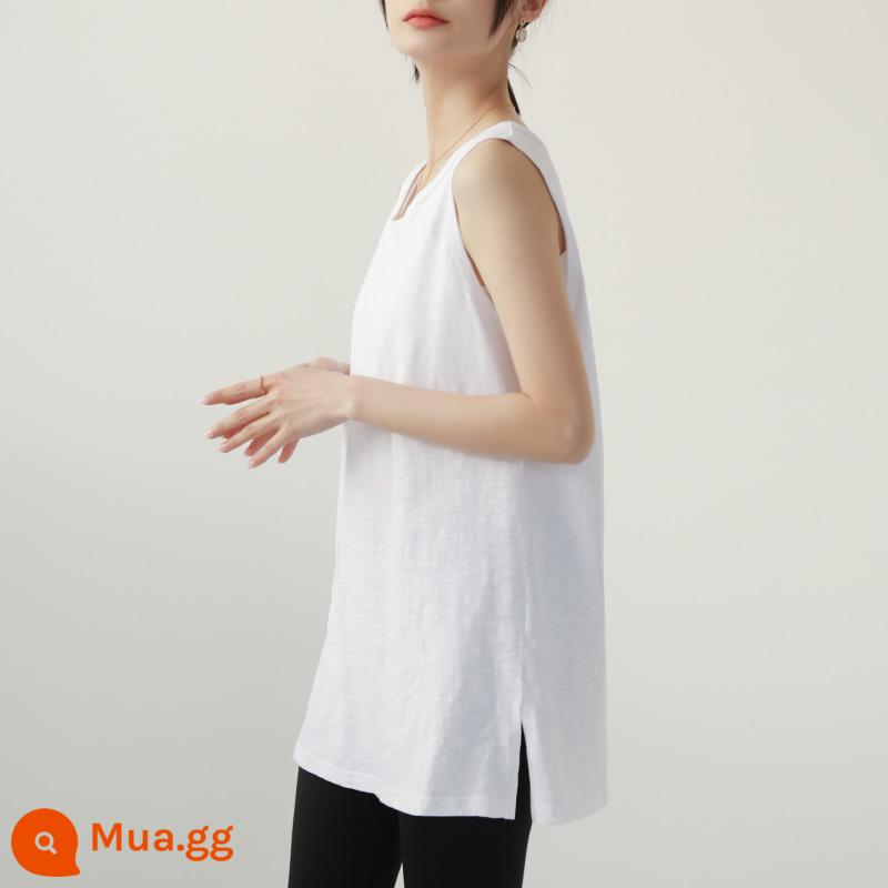 Áo vest đáy quần nữ, dài vừa phải vải tre cotton trắng yếm cotton viền mông rèm - Kiểu vest trắng có đường xẻ hai bên