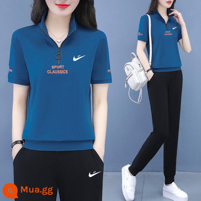 Trang web chính thức Bộ quần áo thể thao cotton nửa dây kéo chính hãng mùa hè 2023 mới hai mảnh mùa hè ngắn tay giản dị cho nữ - 6199 màu xanh