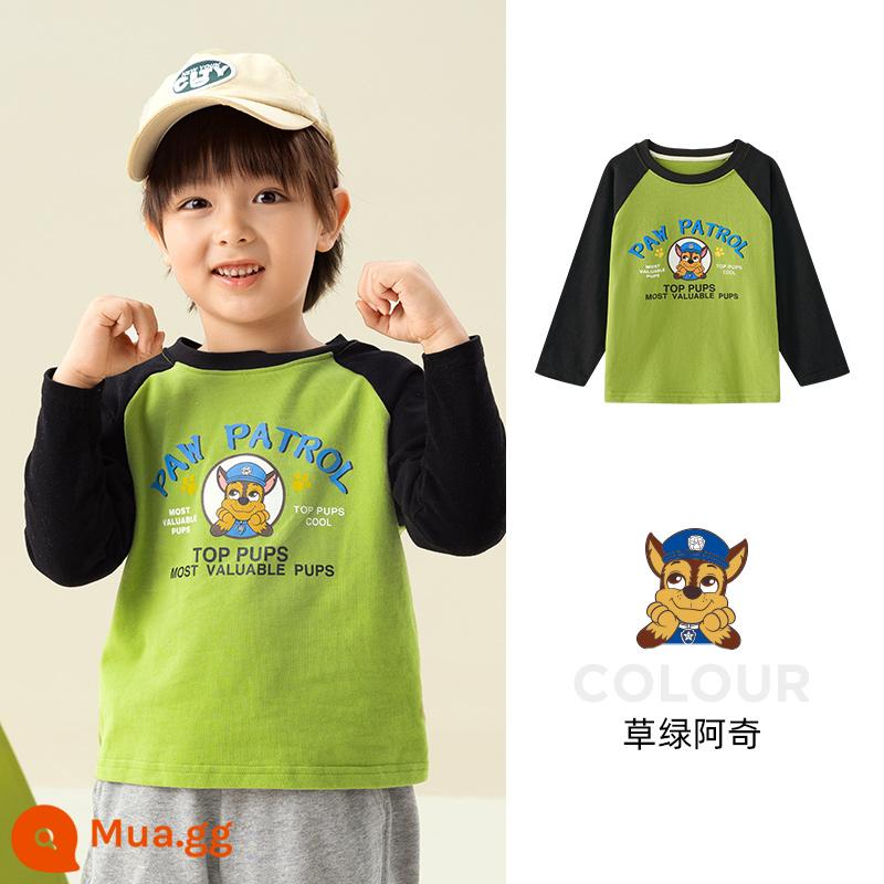 Áo thun dài tay bé trai Paw Paw Team xuân thu 2023 bé trai Áo thun cotton trẻ em bé gái đáy áo sơ mi hợp thời trang - Cỏ xanh 246