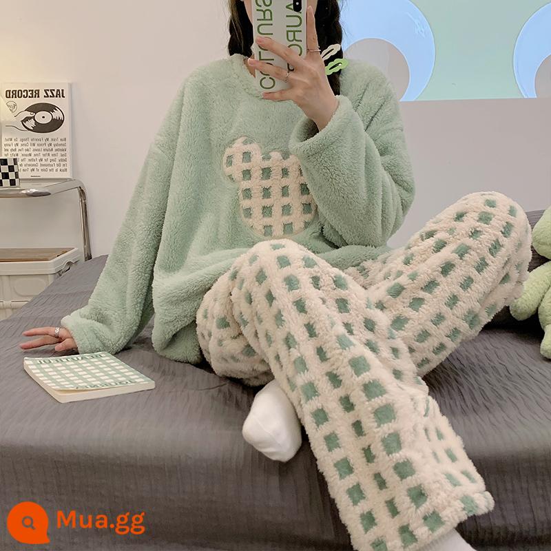 Bộ đồ ngủ mùa đông nữ lông cừu san hô dày cộng với nhung dài tay dễ thương vải flannel lỏng lẻo phù hợp với dịch vụ gia đình có thể được mặc bên ngoài - 6142