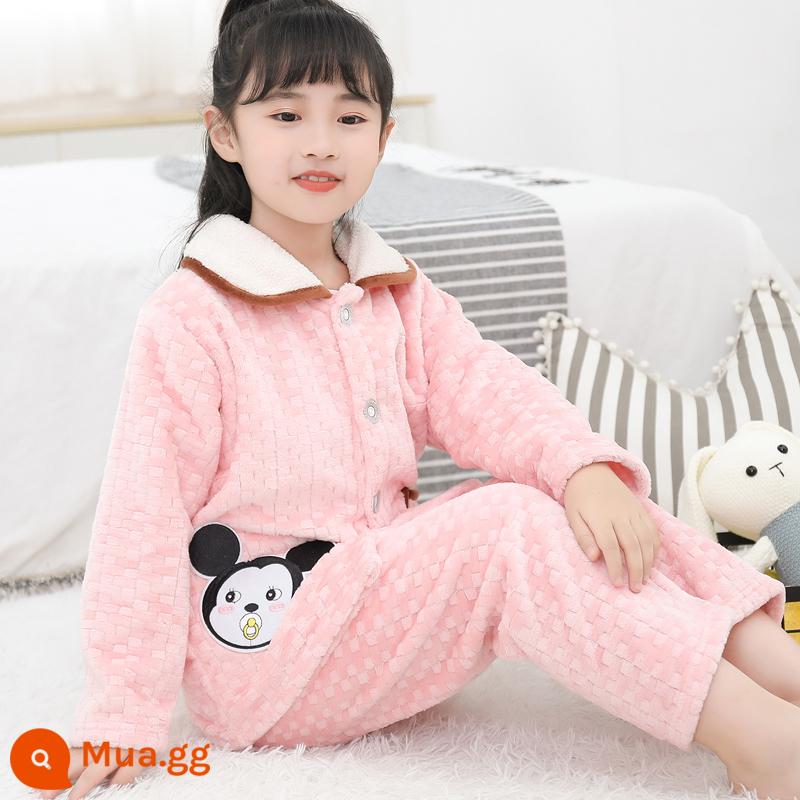 Bộ đồ ngủ trẻ em mùa thu đông flannel bé trai bé trai lớn trẻ em dày san hô nỉ bé gái nhà quần áo - Hồng 604