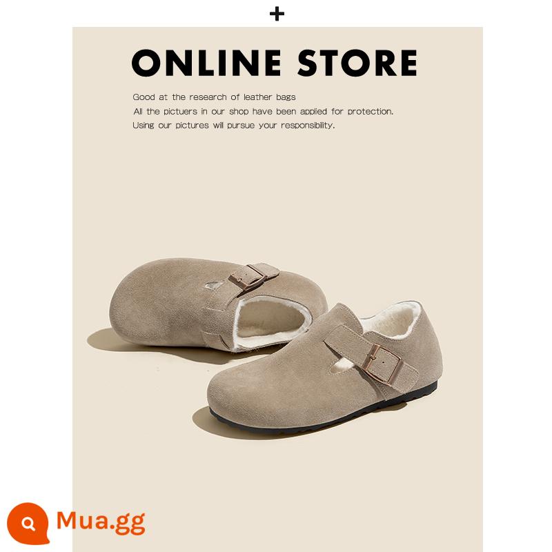 Giày Birkenstock da thật toàn bộ của Nemo dành cho nữ đế dày đế bằng nút chai Sanxi cùng phong cách thu đông cộng với giày Birkenstock nhung và dép nửa dép - Màu cát cộng với mô hình trọn gói nhung