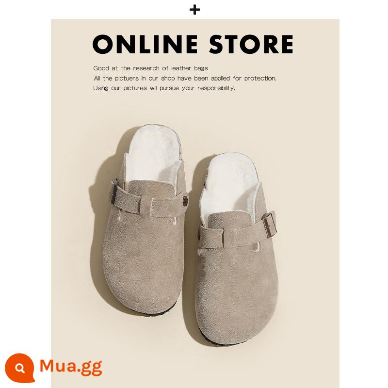 Giày Birkenstock da thật toàn bộ của Nemo dành cho nữ đế dày đế bằng nút chai Sanxi cùng phong cách thu đông cộng với giày Birkenstock nhung và dép nửa dép - Màu cát cộng kiểu nhung bán kéo