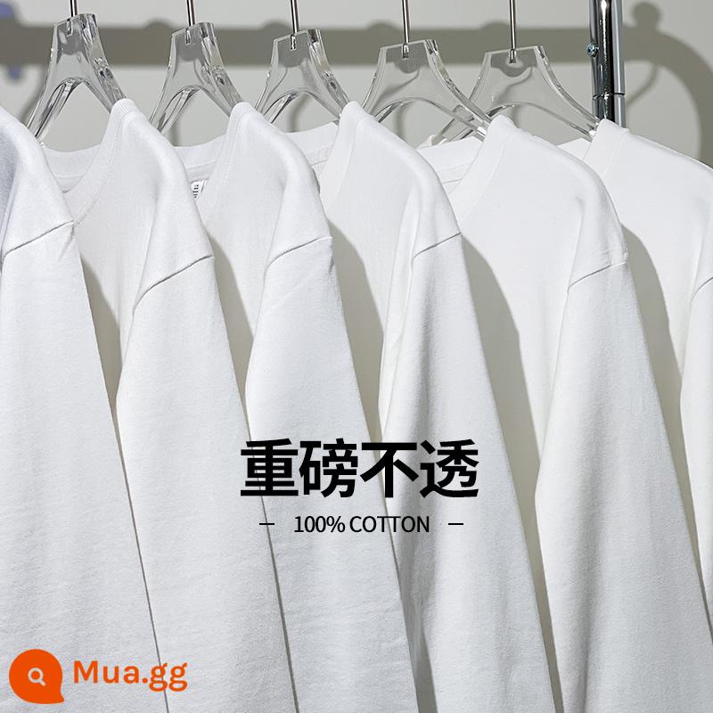 Áo thun dài tay màu trắng tinh khiết nặng 250g cotton Tân Cương Áo sơ mi có đáy cơ bản bên trong bằng cotton cho nam và nữ - Trắng