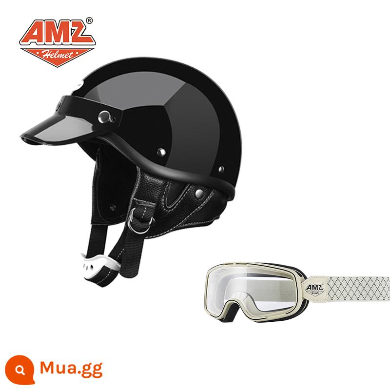 AMZ Nhật Bản Retro Xe Máy Nữ Mũ Bảo Hiểm Nhỏ Harley Sợi Thủy Tinh Xe Máy Mũ Bảo Hiểm Nửa Xe Điện Nam Muỗng Mũ Bảo Hiểm - Khung kính màu đen + trắng bóng và kính bảo hộ có đường trắng (SF Express miễn phí vận chuyển thân mũ bảo hiểm nhỏ không phải 3C)