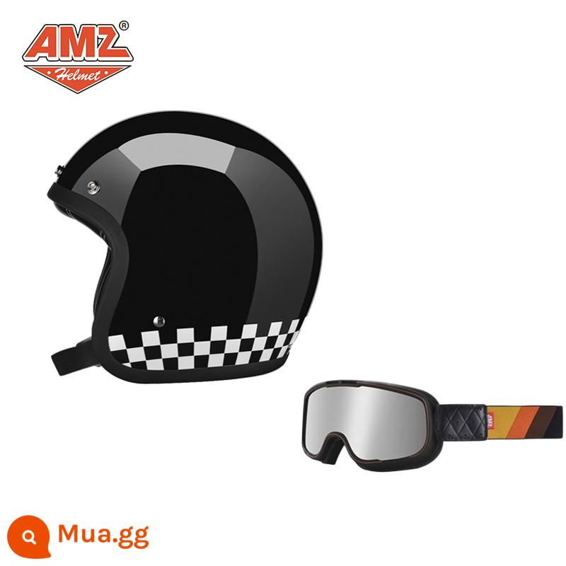 AMZ Retro Đầu Máy Đầu Máy Mũ Bảo Hiểm Nữ Mùa Hè Ba Phần Tư Xe Điện Nam 3C Chứng Nhận Harley Mũ Bảo Hiểm Nửa - Kẻ ca rô đen trắng sáng + kính bảo hộ gọng đen mạ bạc (SF Express miễn phí vận chuyển)