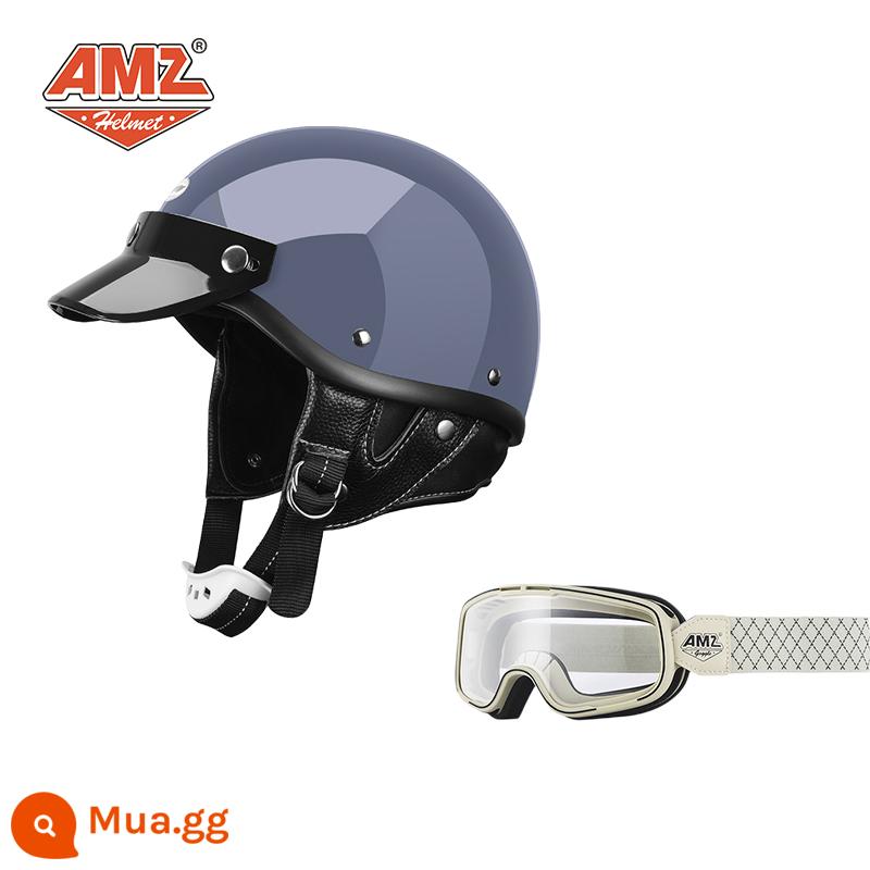 AMZ Nhật Bản Retro Xe Máy Nữ Mũ Bảo Hiểm Nhỏ Harley Sợi Thủy Tinh Xe Máy Mũ Bảo Hiểm Nửa Xe Điện Nam Muỗng Mũ Bảo Hiểm - Xi măng xám + khung trắng và kính bảo hộ đường trắng (SF Express miễn phí vận chuyển thân mũ bảo hiểm nhỏ không phải 3C)