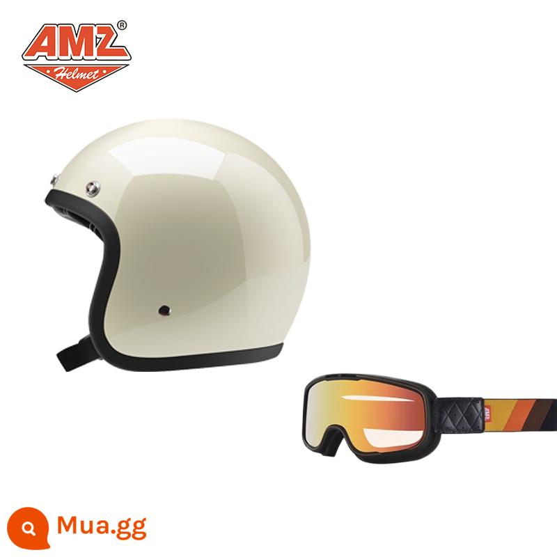 AMZ Retro Đầu Máy Đầu Máy Mũ Bảo Hiểm Nữ Mùa Hè Ba Phần Tư Xe Điện Nam 3C Chứng Nhận Harley Mũ Bảo Hiểm Nửa - Kính màu trắng ngà + gọng đen (SF Express miễn phí vận chuyển)