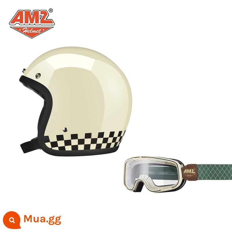 AMZ Retro Đầu Máy Đầu Máy Mũ Bảo Hiểm Nữ Mùa Hè Ba Phần Tư Xe Điện Nam 3C Chứng Nhận Harley Mũ Bảo Hiểm Nửa - Lưới đen trắng trắng sáng + kính bảo hộ có viền màu xanh lá cây gọng trắng (SF Express miễn phí vận chuyển)