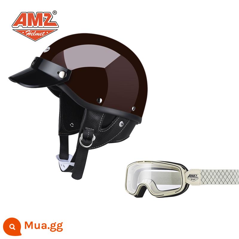 AMZ Nhật Bản Retro Xe Máy Nữ Mũ Bảo Hiểm Nhỏ Harley Sợi Thủy Tinh Xe Máy Mũ Bảo Hiểm Nửa Xe Điện Nam Muỗng Mũ Bảo Hiểm - Kính bảo hộ có gọng màu đỏ + trắng cổ điển và đường trắng (phiên bản 3C SF Express miễn phí vận chuyển)