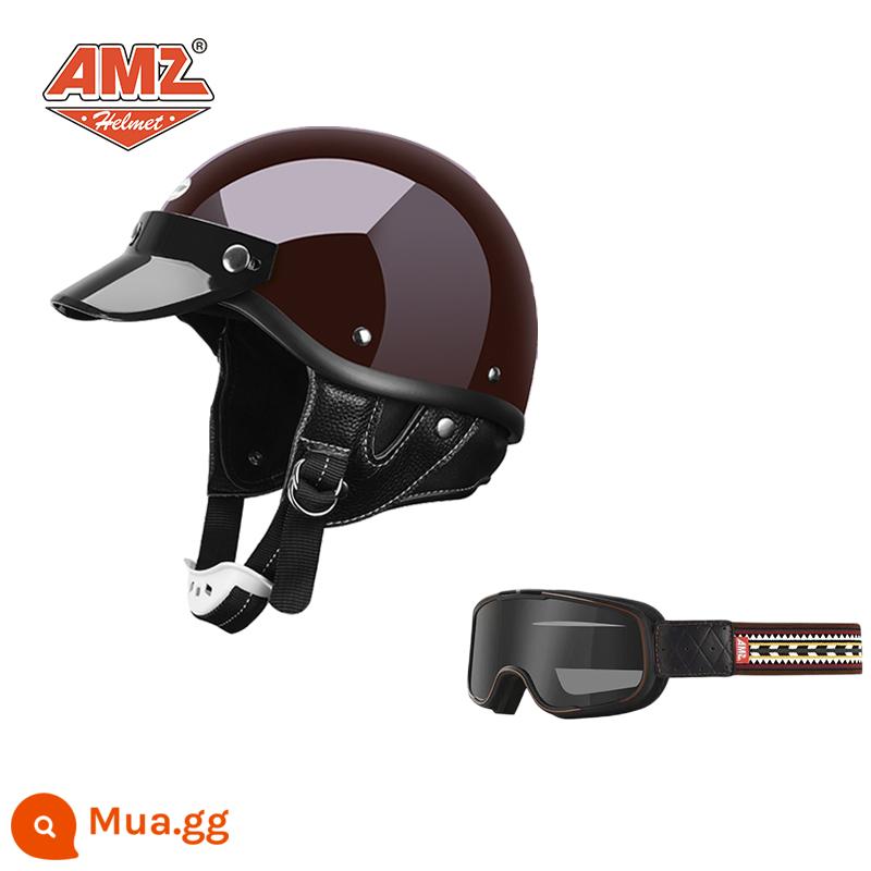 AMZ Nhật Bản Retro Xe Máy Nữ Mũ Bảo Hiểm Nhỏ Harley Sợi Thủy Tinh Xe Máy Mũ Bảo Hiểm Nửa Xe Điện Nam Muỗng Mũ Bảo Hiểm - Màu đỏ cổ điển + kính bảo hộ Ấn Độ (SF Express miễn phí vận chuyển thân mũ bảo hiểm nhỏ non-3C)