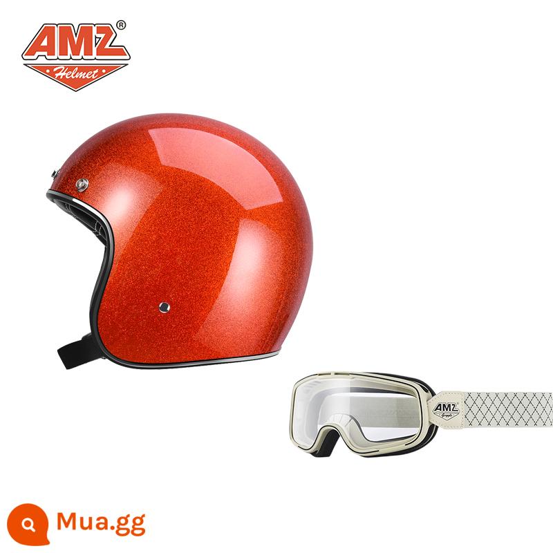 AMZ Retro Đầu Máy Đầu Máy Mũ Bảo Hiểm Nữ Mùa Hè Ba Phần Tư Xe Điện Nam 3C Chứng Nhận Harley Mũ Bảo Hiểm Nửa - Đèn flash màu cam + gọng trắng và kính bảo hộ vạch trắng (SF Express miễn phí vận chuyển)