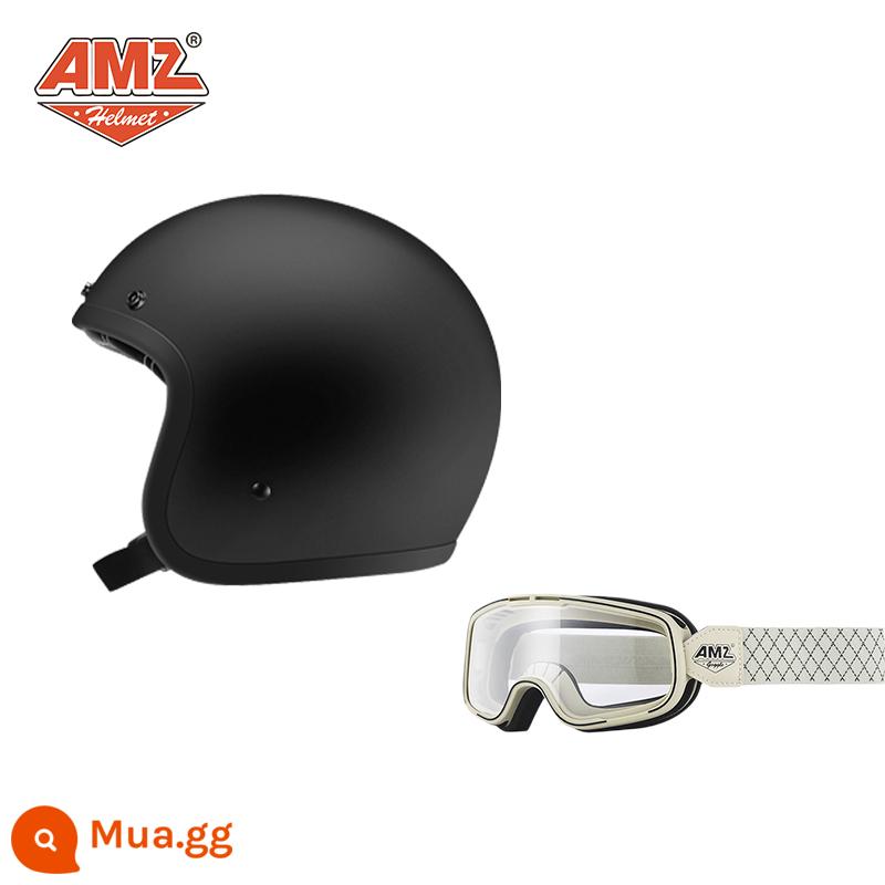 AMZ Retro Đầu Máy Đầu Máy Mũ Bảo Hiểm Nữ Mùa Hè Ba Phần Tư Xe Điện Nam 3C Chứng Nhận Harley Mũ Bảo Hiểm Nửa - Kính bảo hộ có viền trắng + đen mờ và vạch trắng (SF Express miễn phí vận chuyển)