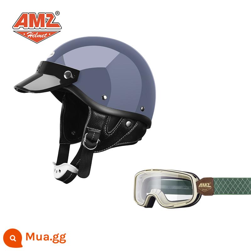 AMZ Nhật Bản Retro Xe Máy Nữ Mũ Bảo Hiểm Nhỏ Harley Sợi Thủy Tinh Xe Máy Mũ Bảo Hiểm Nửa Xe Điện Nam Muỗng Mũ Bảo Hiểm - Kính bảo hộ đường màu xanh lá cây khung màu xám + trắng (SF Express miễn phí vận chuyển thân mũ bảo hiểm nhỏ không phải 3C)