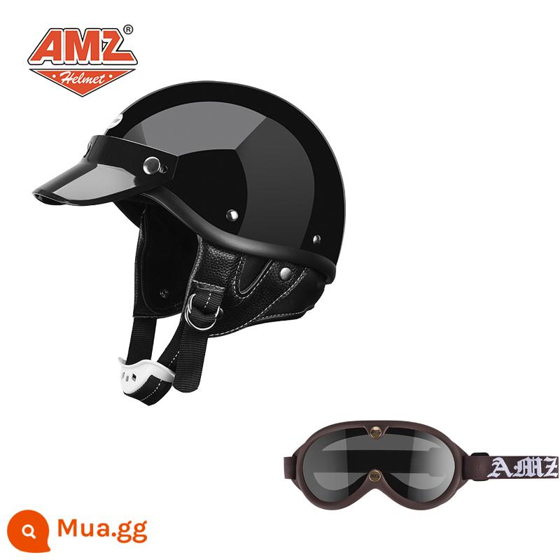 AMZ Nhật Bản Retro Xe Máy Nữ Mũ Bảo Hiểm Nhỏ Harley Sợi Thủy Tinh Xe Máy Mũ Bảo Hiểm Nửa Xe Điện Nam Muỗng Mũ Bảo Hiểm - Kính bảo hộ mới màu đen bóng + nâu (S.F. miễn phí vận chuyển cho thân mũ bảo hiểm nhỏ, không phải 3C)