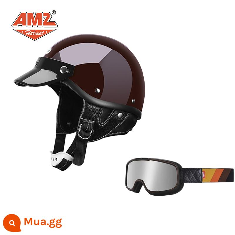 AMZ Nhật Bản Retro Xe Máy Nữ Mũ Bảo Hiểm Nhỏ Harley Sợi Thủy Tinh Xe Máy Mũ Bảo Hiểm Nửa Xe Điện Nam Muỗng Mũ Bảo Hiểm - Kính bảo hộ mạ bạc gọng đỏ + đen cổ điển (SF Express miễn phí vận chuyển thân mũ bảo hiểm nhỏ không phải 3C)