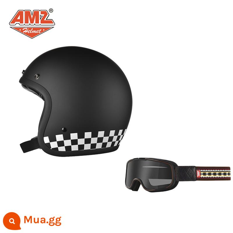 AMZ Retro Đầu Máy Đầu Máy Mũ Bảo Hiểm Nữ Mùa Hè Ba Phần Tư Xe Điện Nam 3C Chứng Nhận Harley Mũ Bảo Hiểm Nửa - Kẻ ca rô đen trắng mờ + Kính bảo hộ Ấn Độ (SF Express miễn phí vận chuyển)