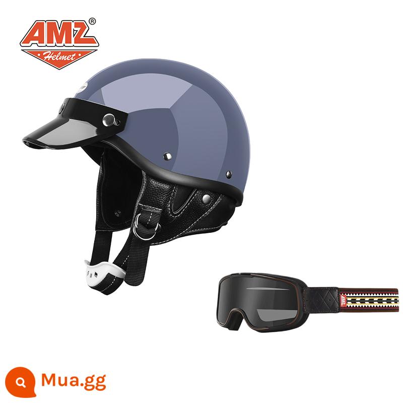 AMZ Nhật Bản Retro Xe Máy Nữ Mũ Bảo Hiểm Nhỏ Harley Sợi Thủy Tinh Xe Máy Mũ Bảo Hiểm Nửa Xe Điện Nam Muỗng Mũ Bảo Hiểm - Xi măng xám + Kính bảo hộ Ấn Độ (SF Express miễn phí vận chuyển thân mũ bảo hiểm nhỏ không phải 3C)