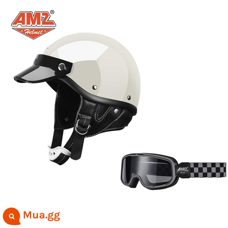 AMZ Nhật Bản Retro Xe Máy Nữ Mũ Bảo Hiểm Nhỏ Harley Sợi Thủy Tinh Xe Máy Mũ Bảo Hiểm Nửa Xe Điện Nam Muỗng Mũ Bảo Hiểm - Kính bảo hộ màu trắng bóng + xám nâu nhà chọc trời (SF Express miễn phí vận chuyển thân mũ bảo hiểm nhỏ không phải 3C)