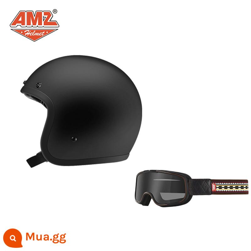 AMZ Retro Đầu Máy Đầu Máy Mũ Bảo Hiểm Nữ Mùa Hè Ba Phần Tư Xe Điện Nam 3C Chứng Nhận Harley Mũ Bảo Hiểm Nửa - Màu đen mờ + kính Ấn Độ (SF Express miễn phí vận chuyển)