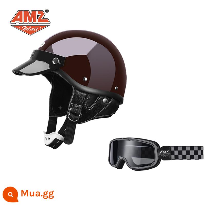 AMZ Nhật Bản Retro Xe Máy Nữ Mũ Bảo Hiểm Nhỏ Harley Sợi Thủy Tinh Xe Máy Mũ Bảo Hiểm Nửa Xe Điện Nam Muỗng Mũ Bảo Hiểm - Kính bảo hộ màu đỏ cổ điển + màu nâu xám nhà chọc trời (SF Express miễn phí vận chuyển thân mũ bảo hiểm nhỏ không phải 3C)