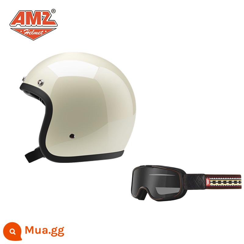 AMZ Retro Đầu Máy Đầu Máy Mũ Bảo Hiểm Nữ Mùa Hè Ba Phần Tư Xe Điện Nam 3C Chứng Nhận Harley Mũ Bảo Hiểm Nửa - Trắng ngà + Kính Ấn Độ (SF Express miễn phí vận chuyển)