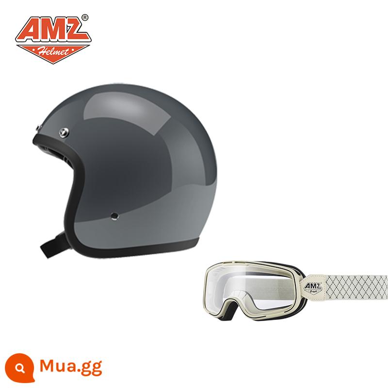 AMZ Retro Đầu Máy Đầu Máy Mũ Bảo Hiểm Nữ Mùa Hè Ba Phần Tư Xe Điện Nam 3C Chứng Nhận Harley Mũ Bảo Hiểm Nửa - Xi măng màu xám + khung trắng và kính bảo hộ đường trắng (SF Express miễn phí vận chuyển)