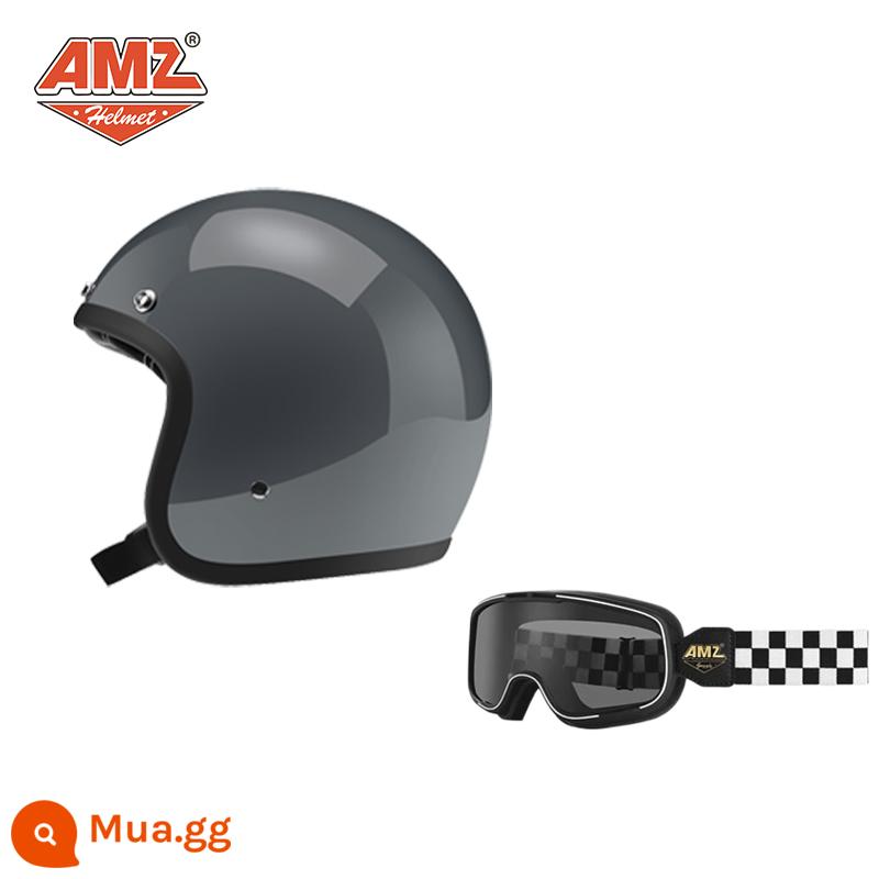 AMZ Retro Đầu Máy Đầu Máy Mũ Bảo Hiểm Nữ Mùa Hè Ba Phần Tư Xe Điện Nam 3C Chứng Nhận Harley Mũ Bảo Hiểm Nửa - Xi măng xám + kính lưới đen trắng (SF Express miễn phí vận chuyển)