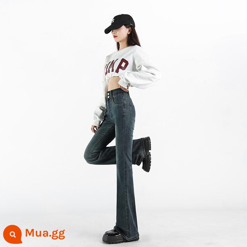 Plus nhung quần jean ống loe siêu nhỏ dành cho nữ mùa thu đông mới cạp cao phong cách retro Mỹ màu xám xi măng quần ống loe dài chấm sàn nhỏ nhắn hợp thời trang - Màu xám xi măng (chín điểm)