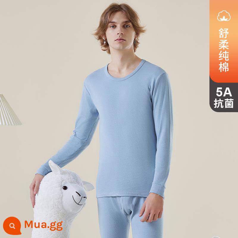 Cotton mùa thu quần áo vệ sinh quần bộ thanh niên nam quần áo thu đông quần áo sơ mi học sinh bên trong quần mỏng phần sưởi ấm bộ quần áo - Bộ vest cotton cổ tròn màu xanh nhạt