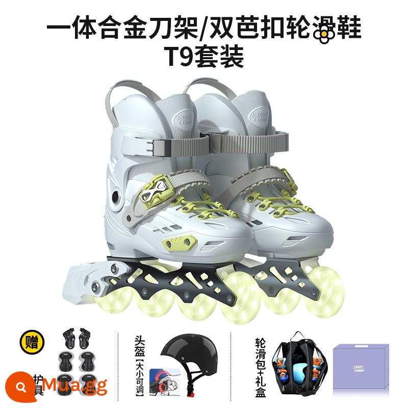 Giày skate skate bánh xe swa skate giày trẻ em được hưởng đầy đủ bộ giày thời kỳ chuyên nghiệp giày slide giày chàng trai giày hoàng gia giày - [Mẫu bánh xe khóa T9] Misan Green [Mũ bảo hiểm an toàn có thể điều chỉnh T9 + Đồ bảo hộ + Quà tặng] Bánh xe thịt đầy đủ Aurora + Giá đỡ hợp kim tích hợp