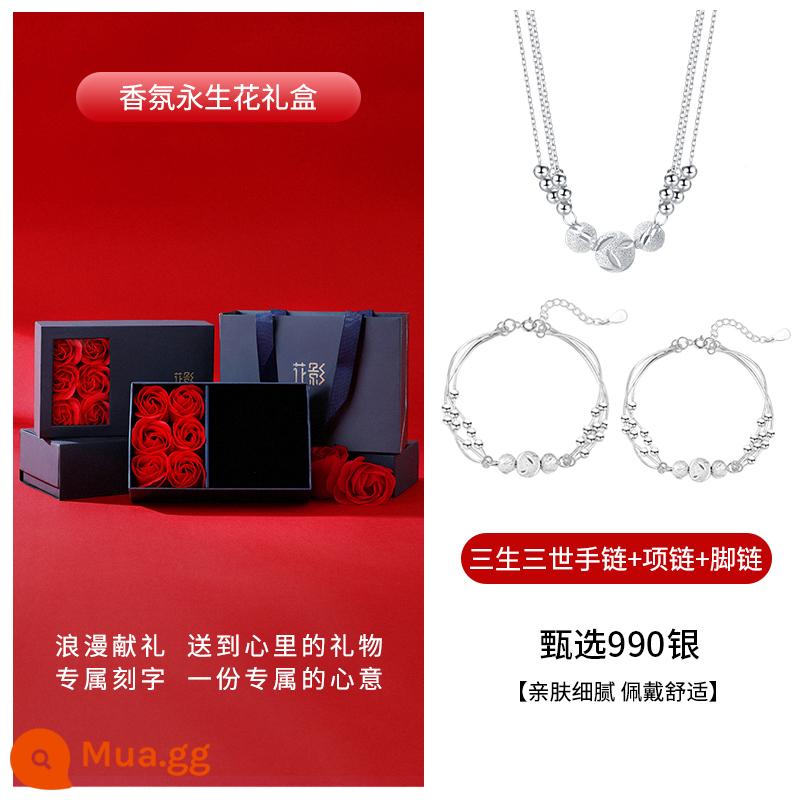 Ba Cuộc Đời Ba Thế Giới Handmade Bé Gái Bạc Sterling Thiết Kế Hốc Bạc 990 Chuyển Hạt Trang Trí Tay Lễ Tình Nhân Quà Tặng Cho Bạn Gái - Vòng chân + vòng tay + vòng cổ [hộp hoa hồng]