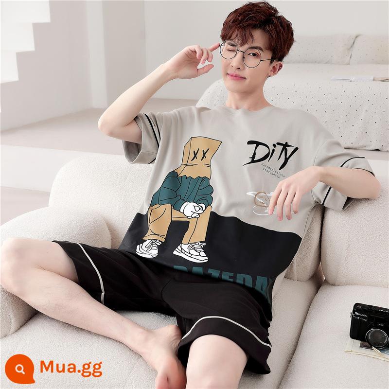 Bộ đồ ngủ nam mùa hè cotton nguyên chất ngắn tay ngắn tay phần mỏng cộng với kích thước mùa xuân và mùa hè nam giới có thể mặc bộ quần áo dịch vụ tại nhà - WB tay ngắn 1302