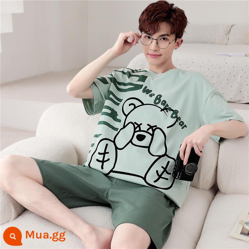 Bộ đồ ngủ nam mùa hè cotton nguyên chất ngắn tay ngắn tay phần mỏng cộng với kích thước mùa xuân và mùa hè nam giới có thể mặc bộ quần áo dịch vụ tại nhà - WB tay ngắn 1308