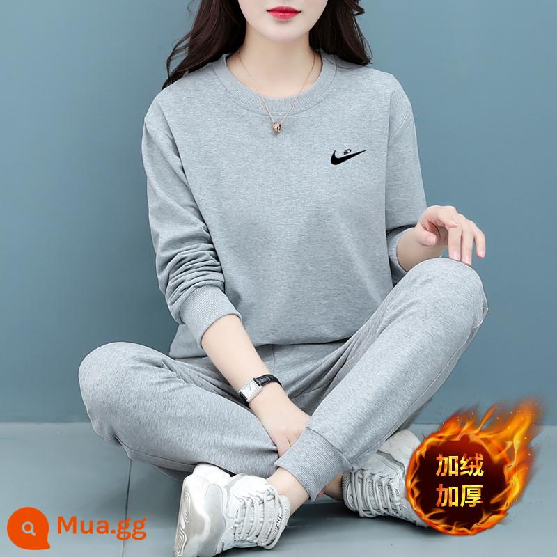 Trang web chính thức chính hãng Bộ đồ thun cotton dày màu xám cho nữ xuân thu 2023 bộ đồ thể thao chạy bộ rộng rãi của mẹ - lông cừu màu xám