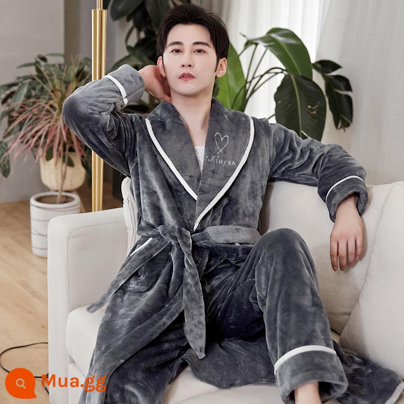 Áo choàng nam của Pyjamas vào mùa thu và mùa đông Phiên bản dài của san hô dày lên cộng với áo choàng tắm nhung mùa đông với quần - Áo choàng + quần nam viền trắng xám 306