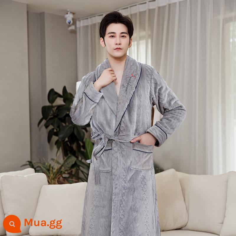 Áo choàng nam của Pyjamas vào mùa thu và mùa đông Phiên bản dài của san hô dày lên cộng với áo choàng tắm nhung mùa đông với quần - Áo choàng nam màu xám xoắn 207