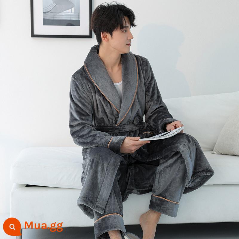 Áo choàng nam của Pyjamas vào mùa thu và mùa đông Phiên bản dài của san hô dày lên cộng với áo choàng tắm nhung mùa đông với quần - Áo choàng + quần nam màu xám 156 Phnom Penh