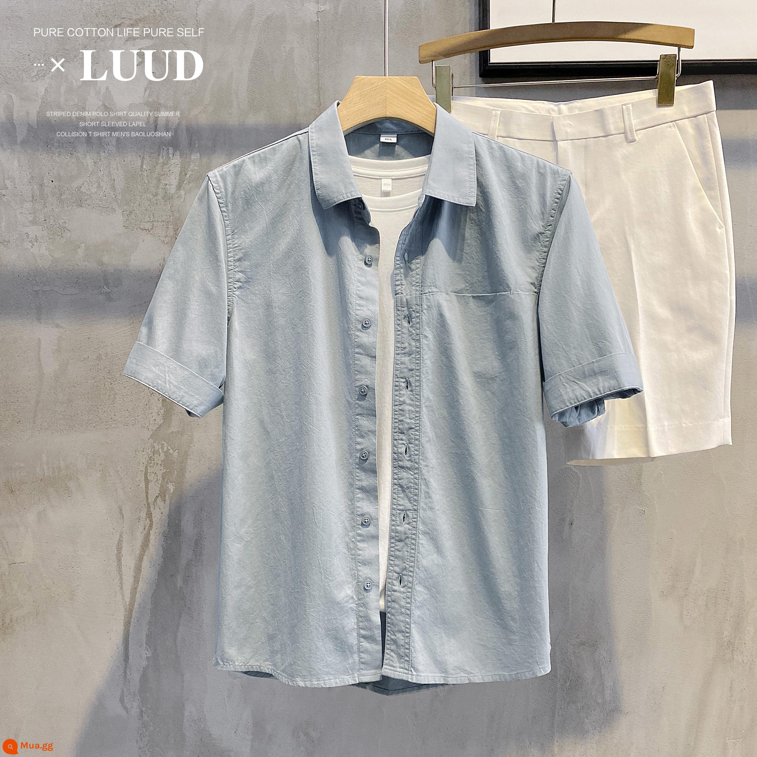 LUUD mùa xuân mới đồng màu đơn giản có ve áo sơ mi nam slim-fit áo sơ mi dài tay giản dị tất cả các trận đấu áo khoác ngoài cao cấp - tay áo màu xanh