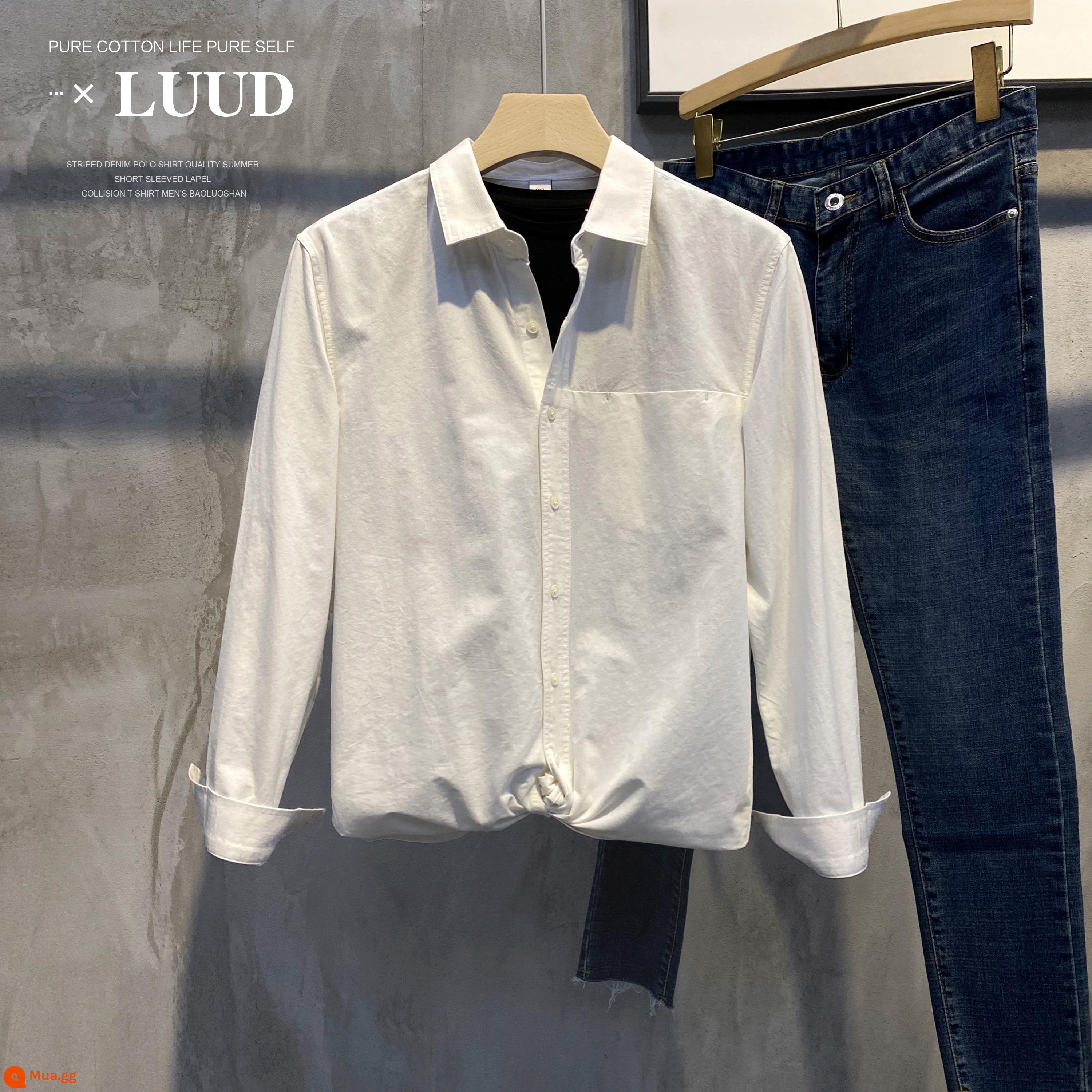 LUUD mùa xuân mới đồng màu đơn giản có ve áo sơ mi nam slim-fit áo sơ mi dài tay giản dị tất cả các trận đấu áo khoác ngoài cao cấp - Trắng