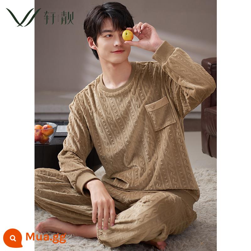 Bộ đồ ngủ nam thu đông nhung đảo ấm tay dài nhung san hô phục vụ tại nhà xuân thu mẫu dày Plus nhung size lớn phù hợp - 72709 bá tước nâu