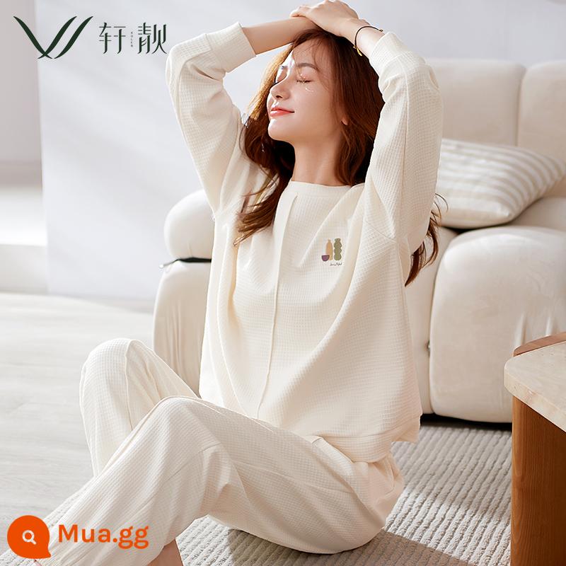 Bộ đồ ngủ nữ 2023 phong cách mùa thu mới mùa xuân và mùa thu cotton mỏng dài tay màu trắng phục vụ tại nhà mùa xuân và mùa hè có thể mặc bên ngoài bộ đồ - 62223 Kem Trắng [Bánh quế] [100% Cotton]