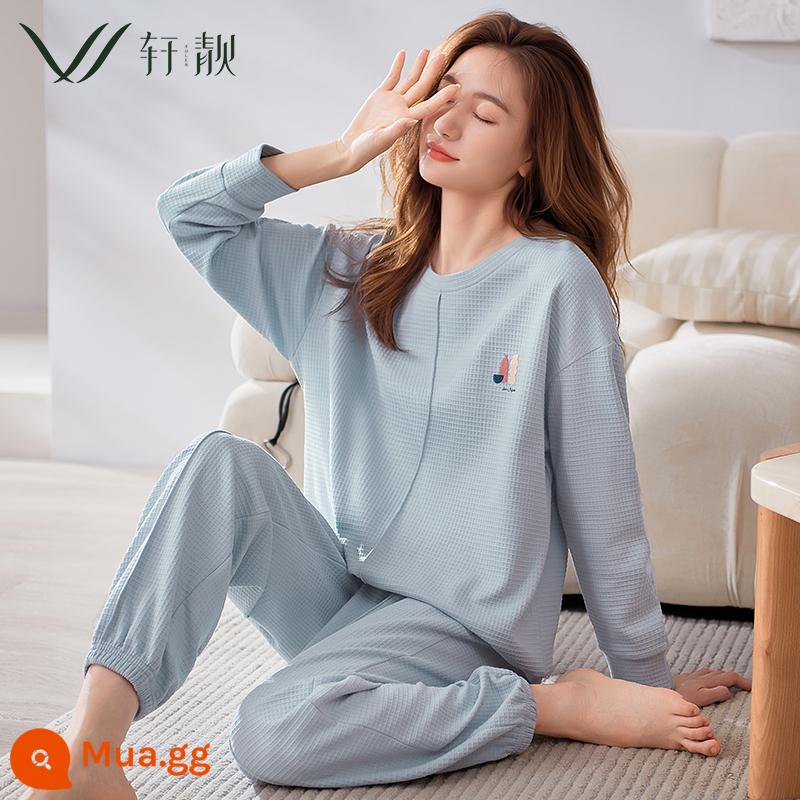 Bộ đồ ngủ nữ 2023 phong cách mùa thu mới mùa xuân và mùa thu cotton mỏng dài tay màu trắng phục vụ tại nhà mùa xuân và mùa hè có thể mặc bên ngoài bộ đồ - 62223 Clear Sky Blue [Waffle] [100% Cotton]